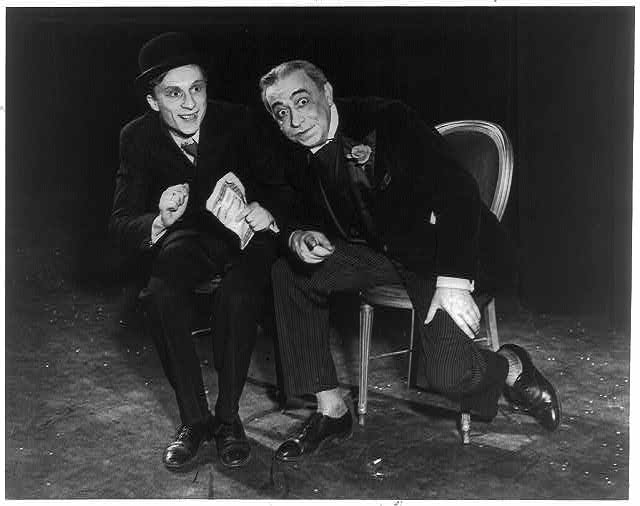 Two actors rehearsing on stage, circa 1930s